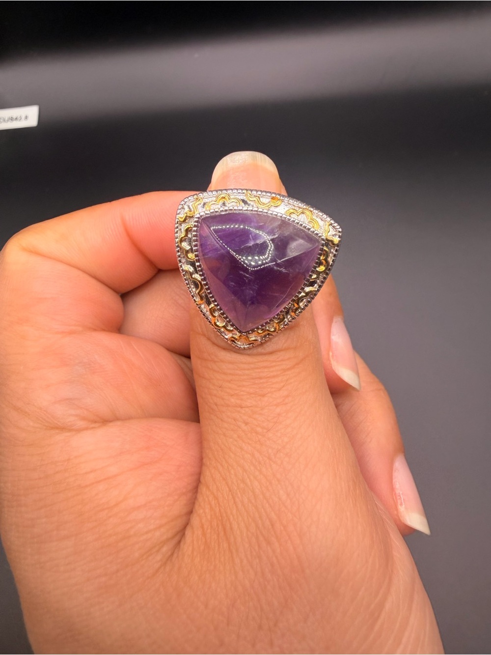 925 Sterling Silver Trillion Amethyst Ring Size 9.